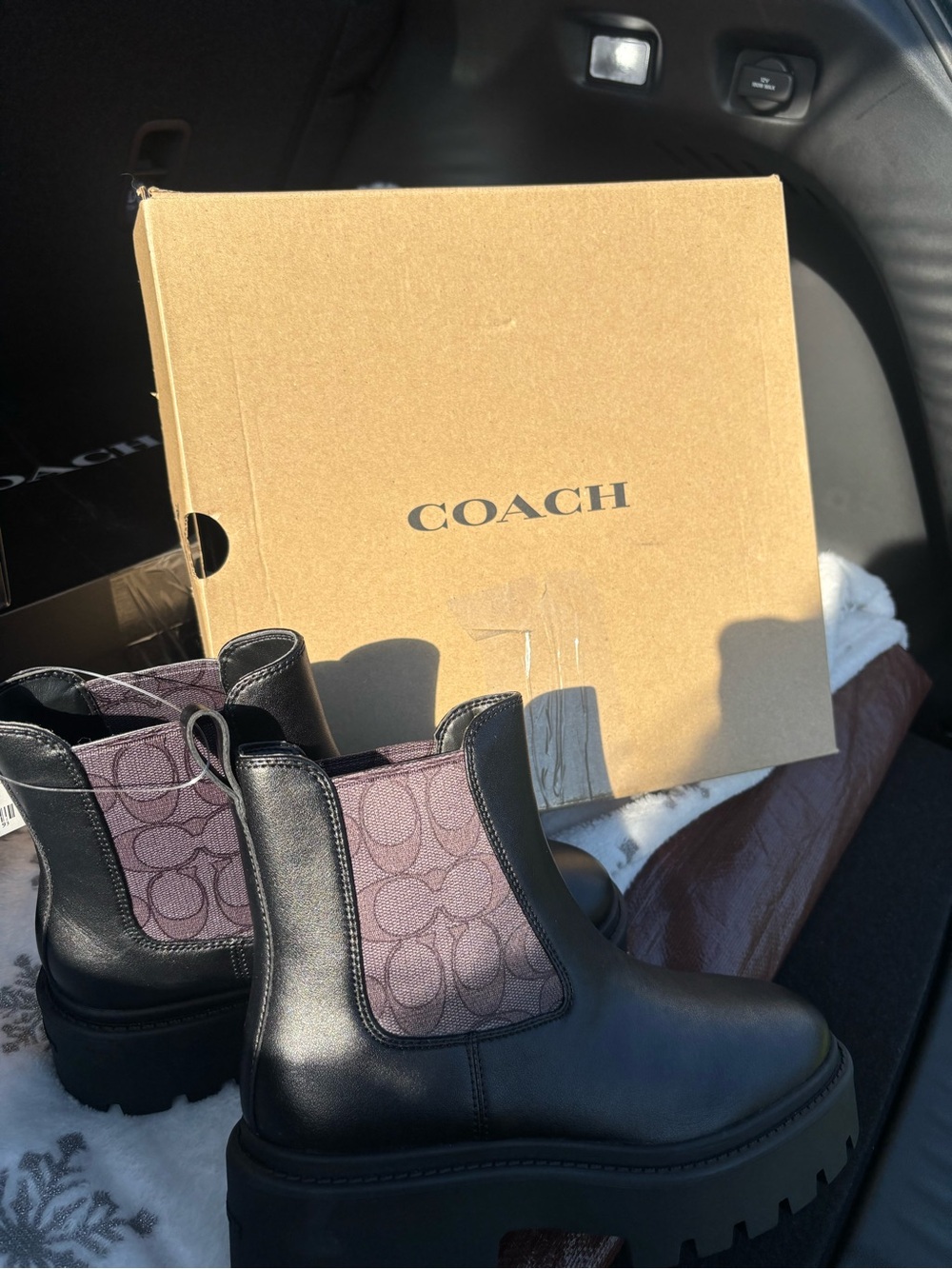 COACH Black Leather Kids Chelsea Boots with Pink Signature Panel